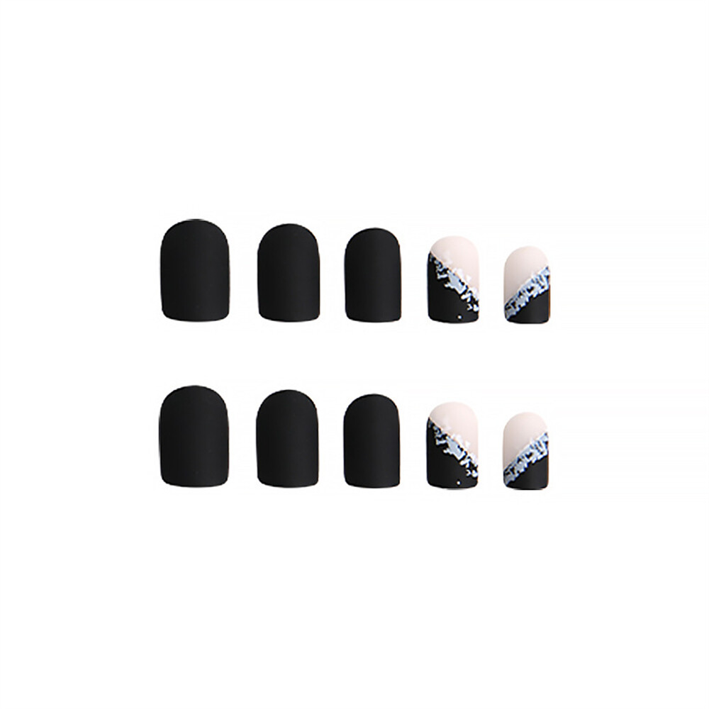 Square Short False Nail Matte Black French Press on Nails for Nail Art 24pcs