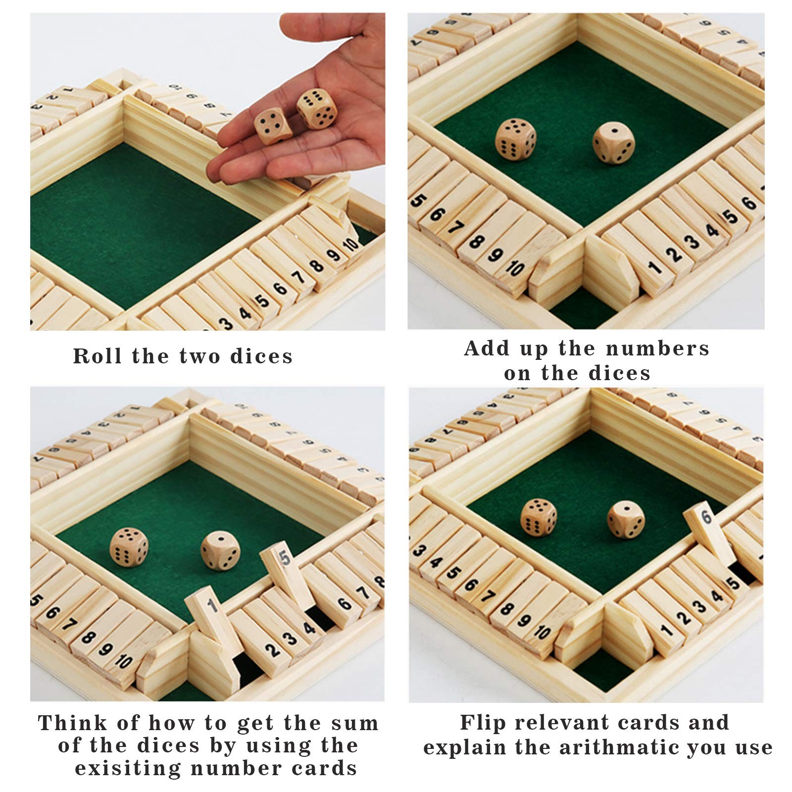DC-BEAUTIFUL Shut The Box Dice Game, 2-4 Players 8.9” x x 0.6”, Green