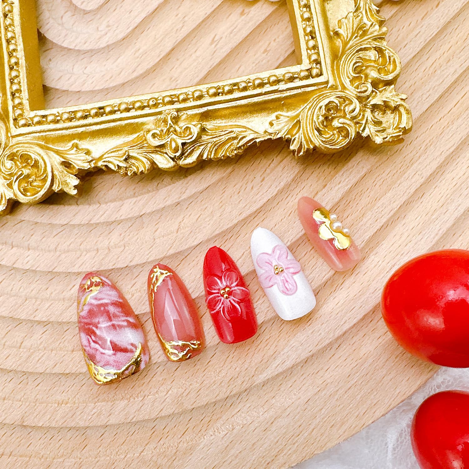 30Pcs Pink Press on Nails Medium Almond Fake Nails with 3D Flowers Pearl Designs