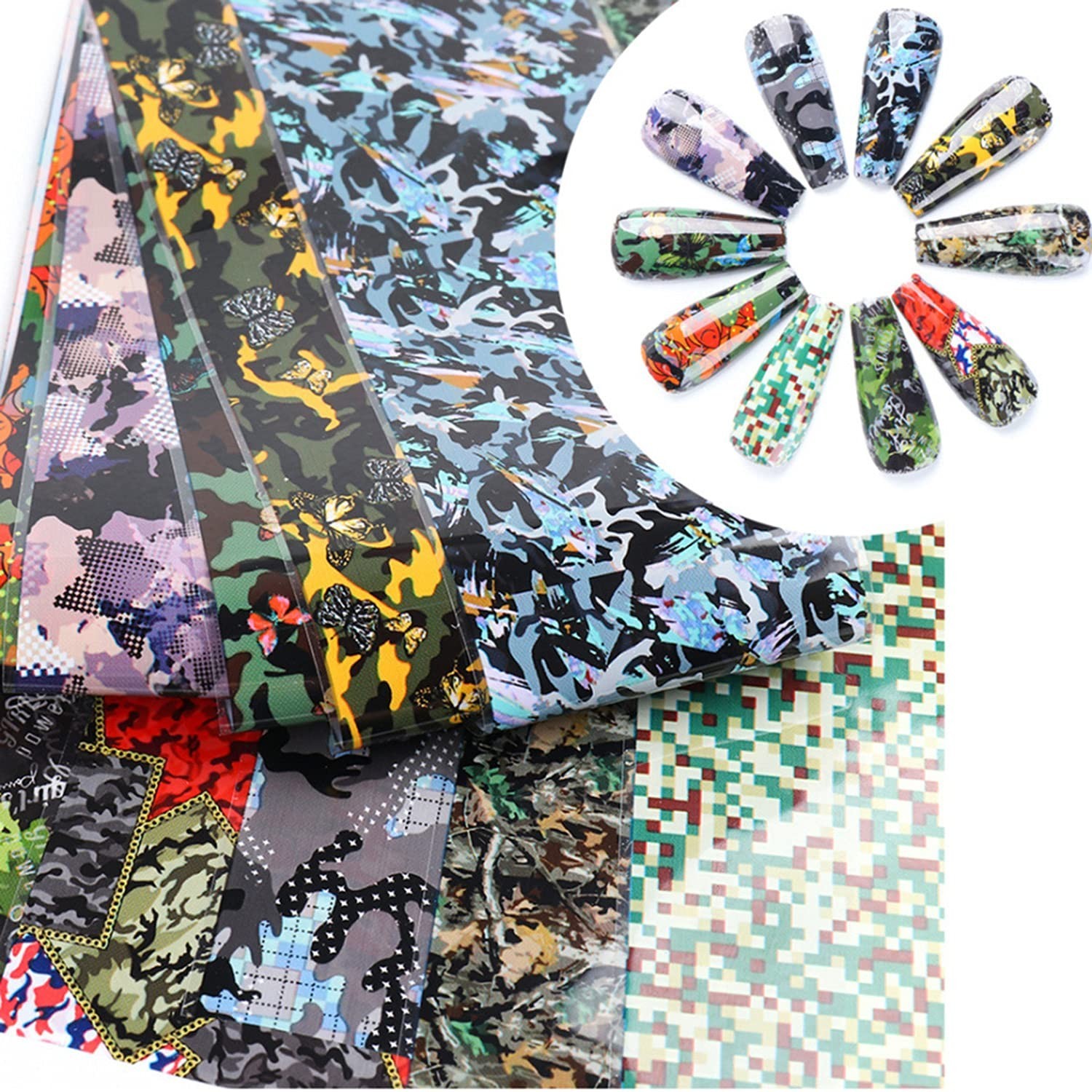 Holographic Camouflage Nail Art Stickers – Easy Application for Stunning Nails