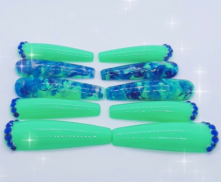 XXL Teal Green Turquoise Blue Rhinestones Marble Ocean Inspired Nails-clearance