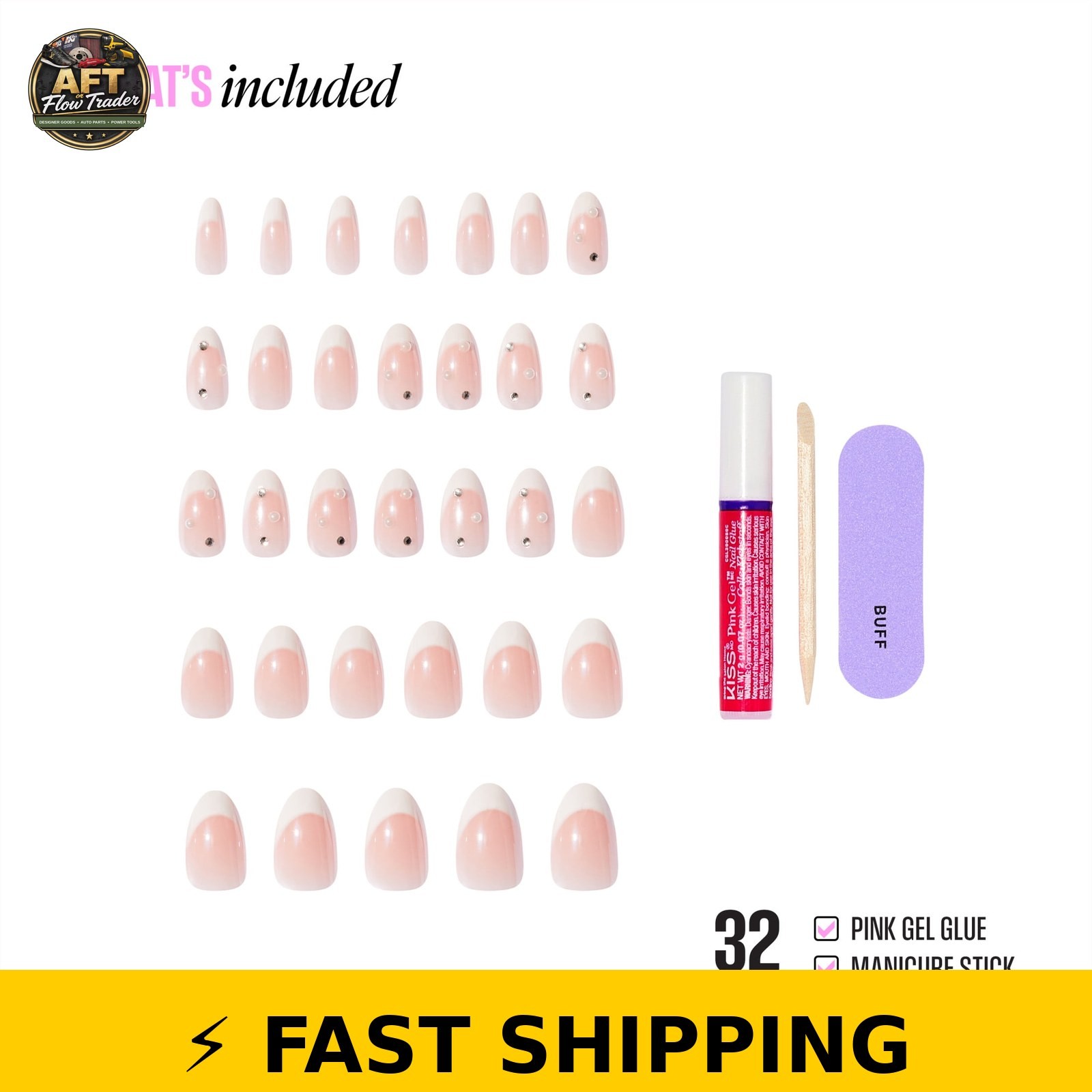 Kiss Glam 3D Press On Nails Almond, Serendipity Awaits, Medium 32 Count