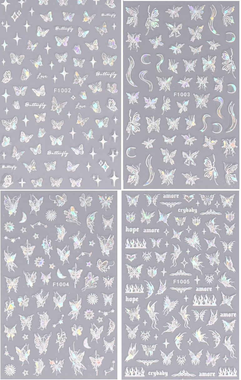 3 or 4Pcs Holographic Laser Pink Black Butterfly Star French Nail Stickers NS20