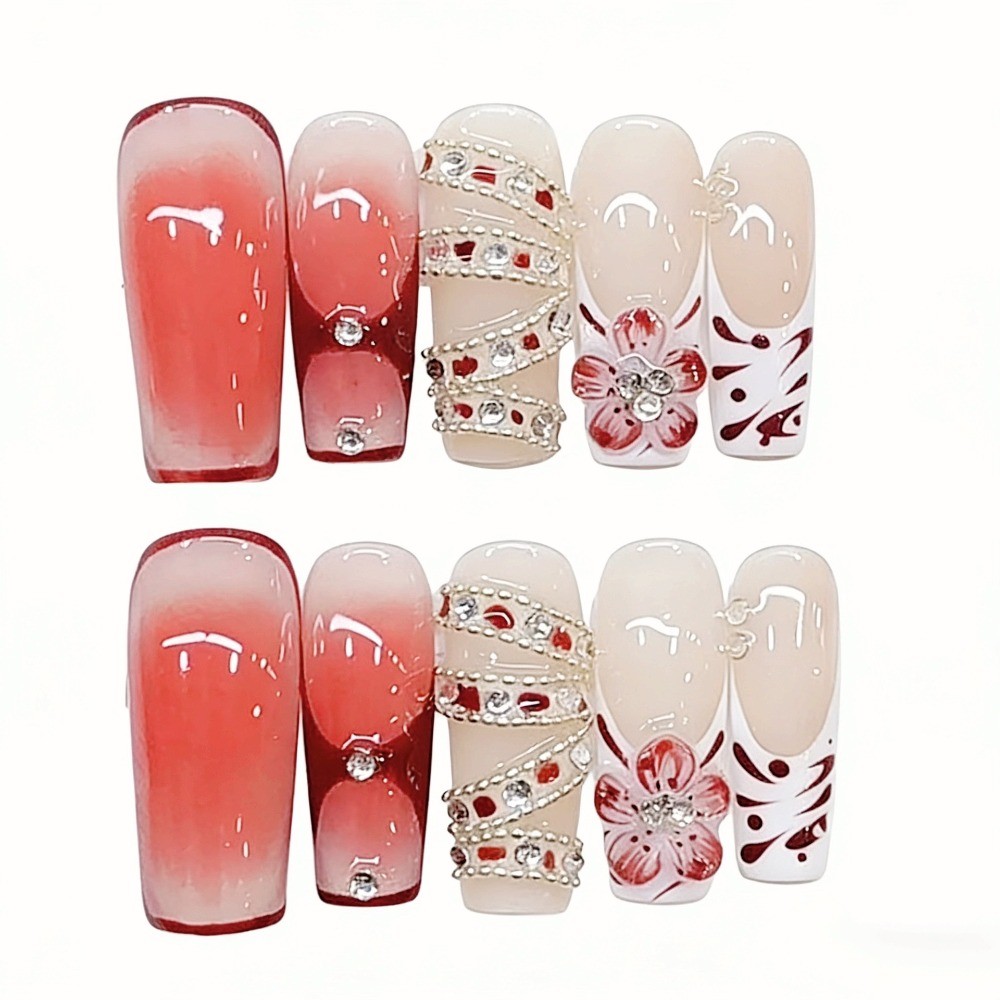 10pcs Red White Flower Press on Nails Rhinestone Long Coffin Fake Nail Tips