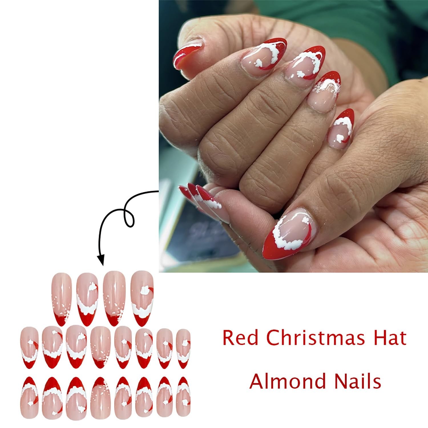 Christmas Press on Nails Medium Almond Fake Nails with Santa Hat Snowflake De…