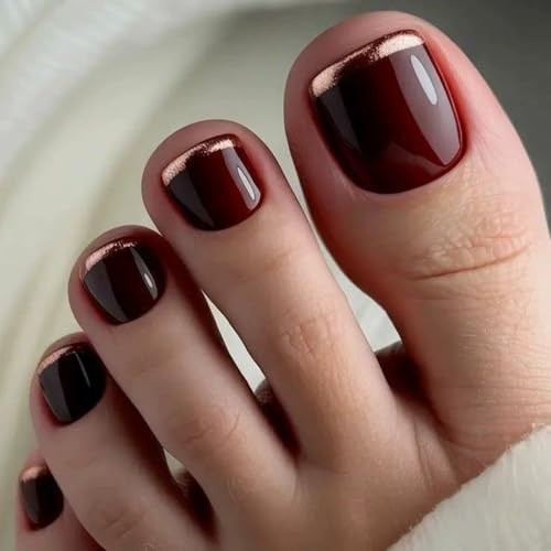 Wine Red Press on Toenails Short Square False Toenails with Designs Glossy Q25