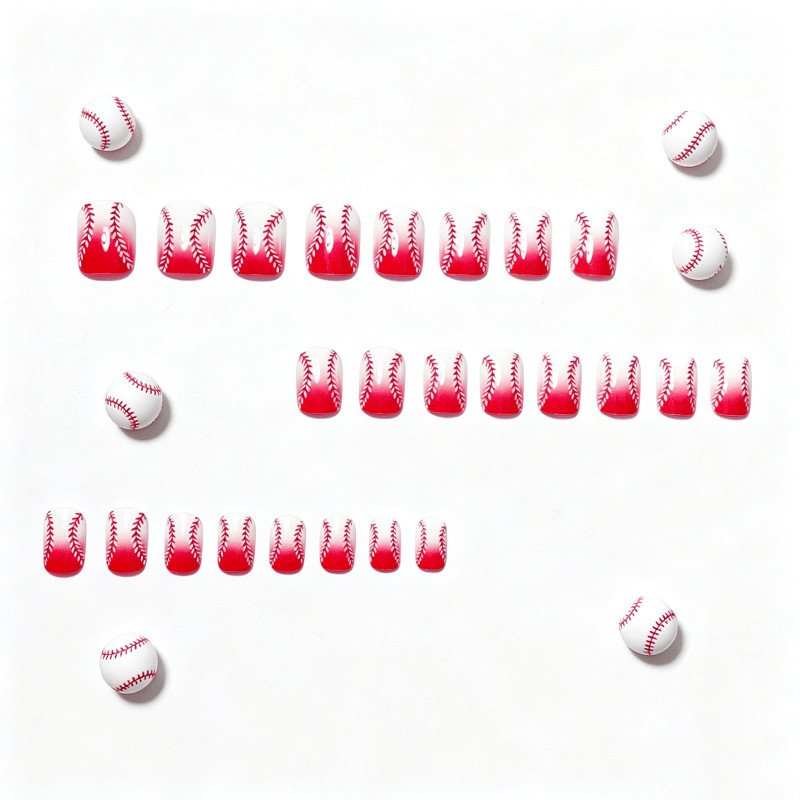 48Pcs Short Square Nails, Red White Gradient, Baseball Pattern, Sporty Style