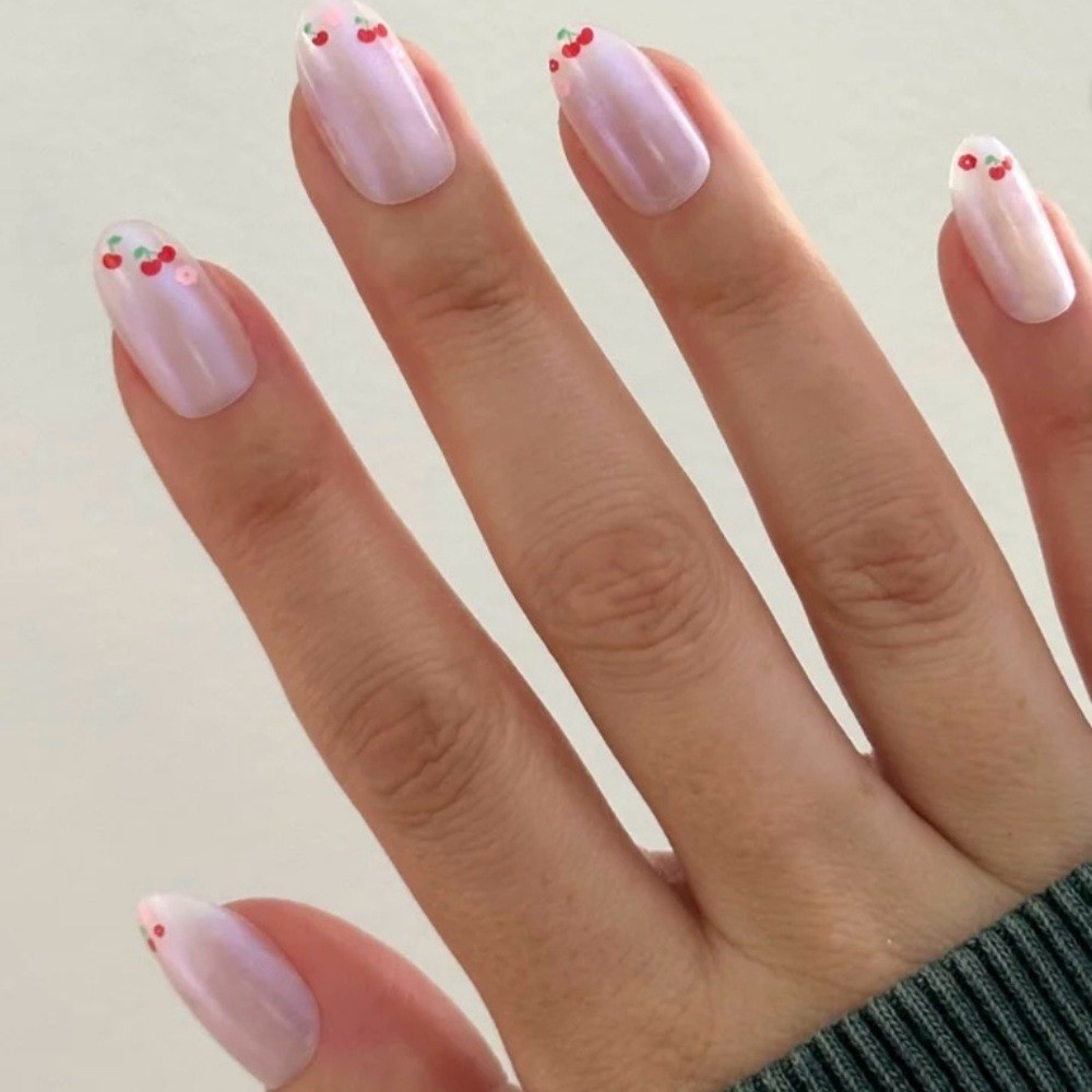 Olive & June Maximalist Instant Mani Press-On Nails -Cherry Floral Chrome French