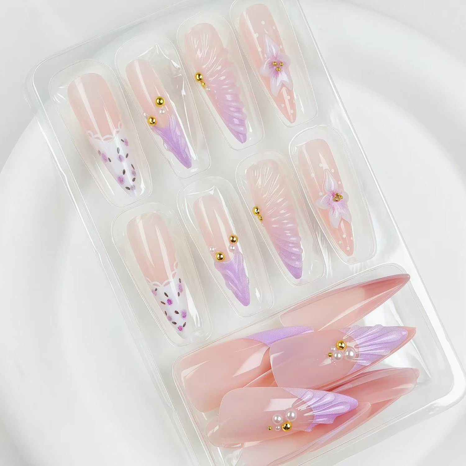 24 Pcs Purple French Tip Press on Nails Flower False Nails with Spring Summer Fl