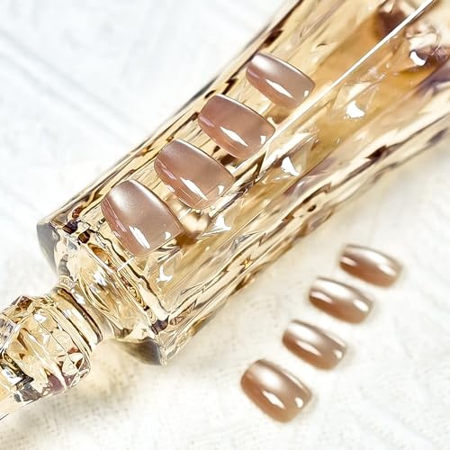 30pcs Ombre Press On Nails Coffin Squoval Medium Fake Nails Women Girls Brown