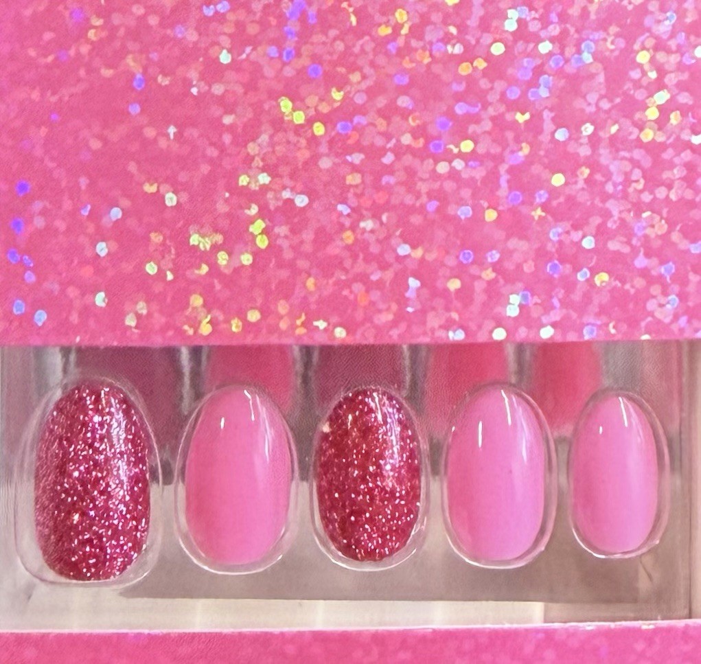 Red Aspen Press On Short Almond Pink Shiny Glitter Mix Picnic with Polina 🩷