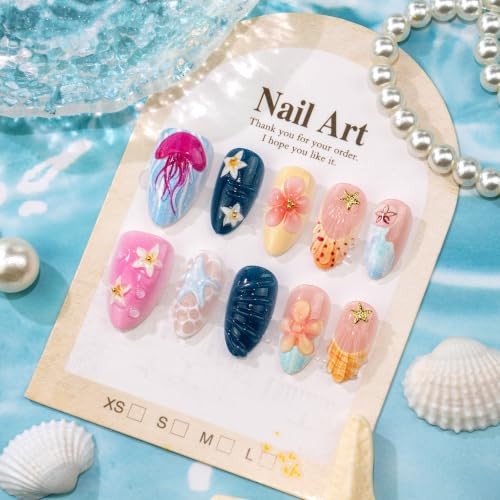 24Pcs Summer Ocean Press on Nails Blue Medium Almond Fake Nails with style08
