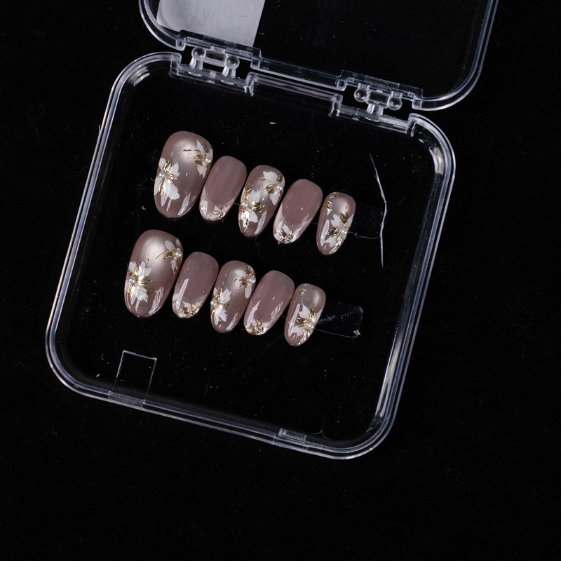 10pcs Nude Cat Eye Press On Nails 3D White Flower Gold Foil Almond
