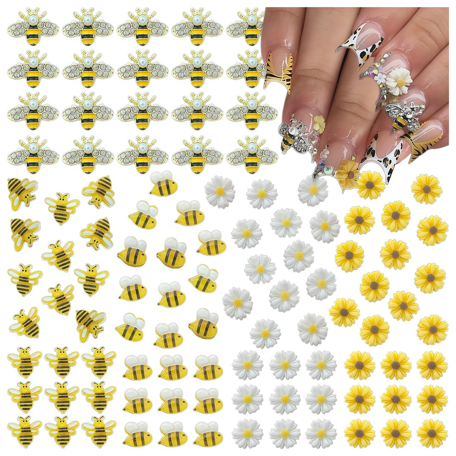 100PCS Nail Charms and Gems Gold Bee Yellow Flower for Nails Design，3D Daisy …