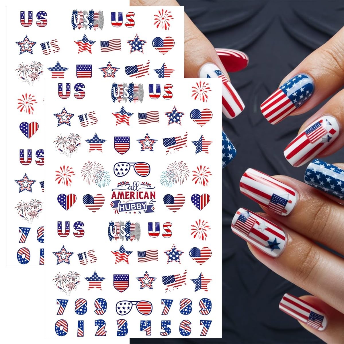 4th of July Nail Stickers – 6 Sheets 3D Self-Adhesive American Flag Decals, Fire