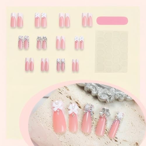 Long Square Press on Nails xxl French Tip Nails Press Ons Butterfly pattern 011
