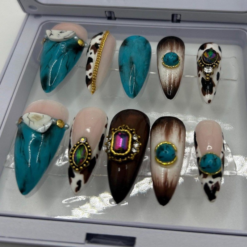 Custom Pure Handmade Nails Turquoise Cow Print Gem Gold Decor Western Manicure