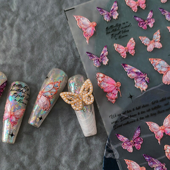 5D Butterfly Nail Stickers, Pink Butterfly Nail Decals (111)