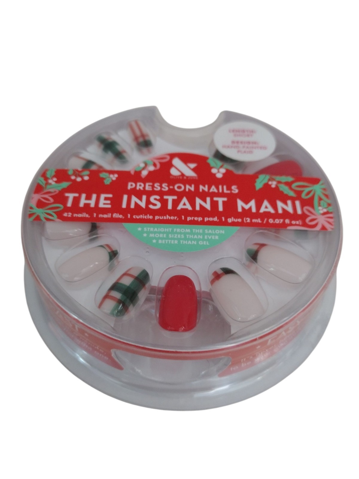 Olive & June THE INSTANT MANI 42ct SHORT LENGTH Press On Nail HAND-PAINTED PLAID