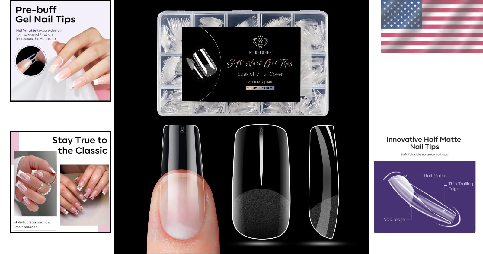 510 Pcs Medium Square Gel Nail Tips – Half Matte Full Cover for DIY Elegance