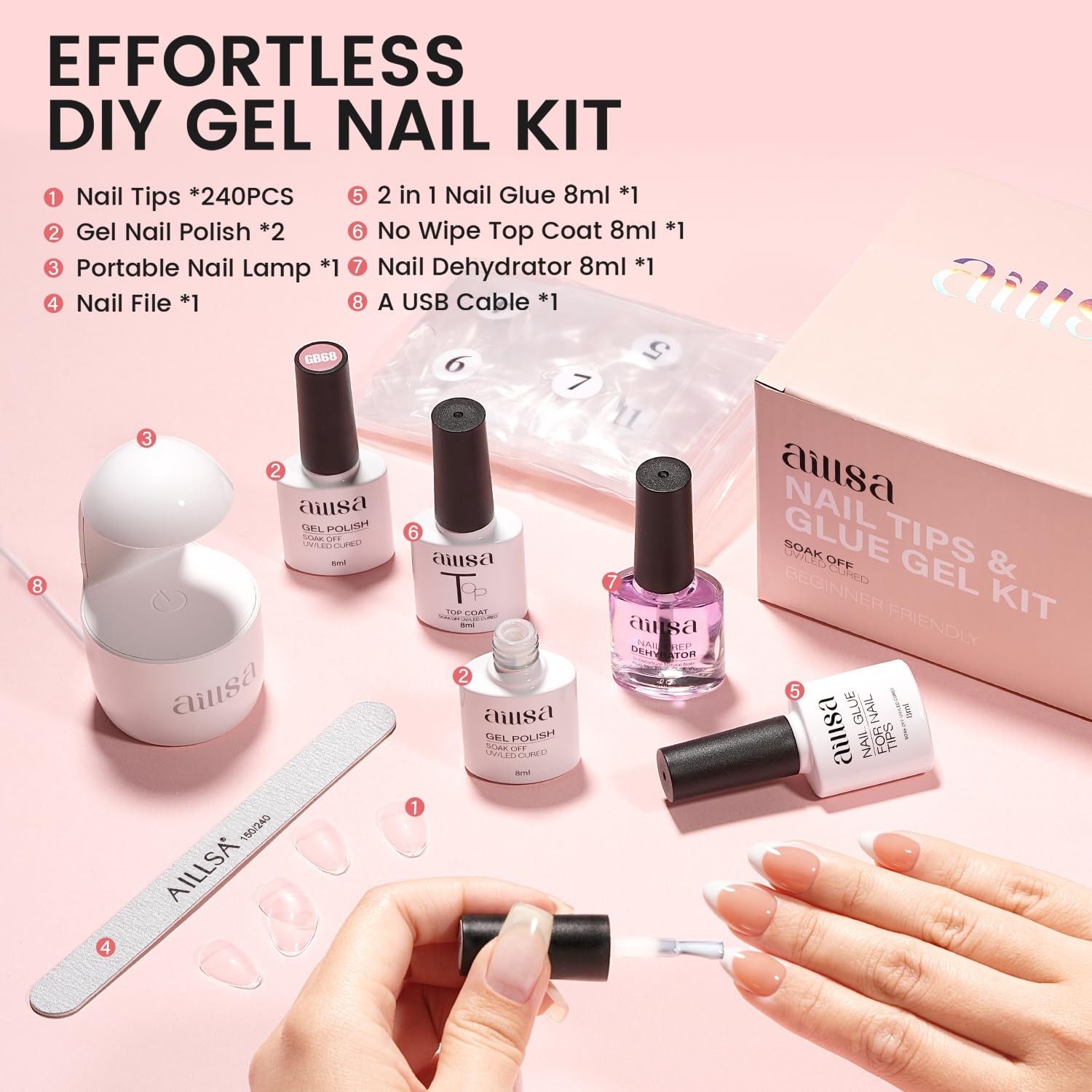 Nail Extension Kit Short Almond Nail Tips 240pcs with 2 In 1 Nail Glue Base C…