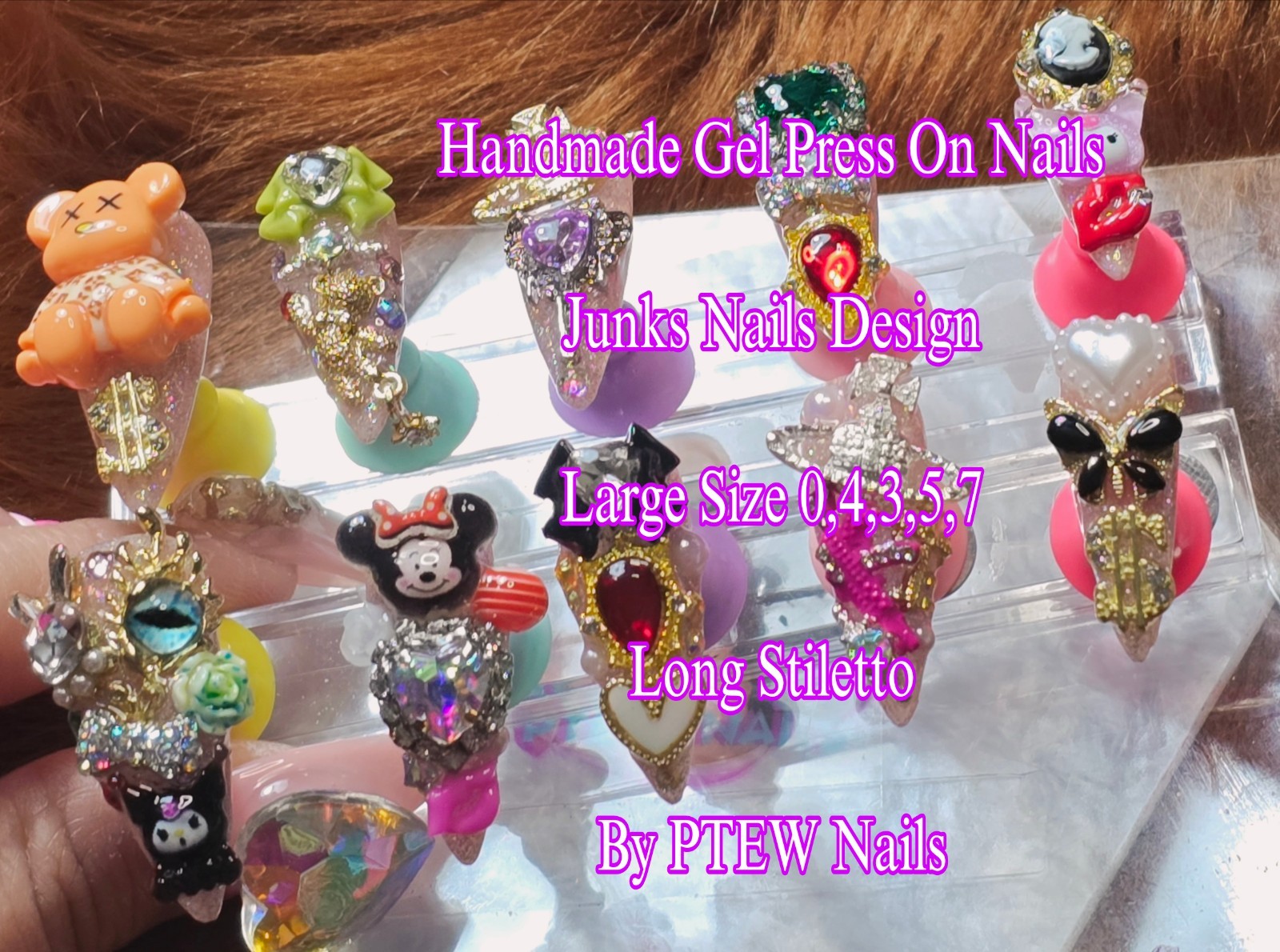 Handmade Gel Press On Nails,Junkie Nails, Large Size 0,4,3,5,7 Long Stiletto