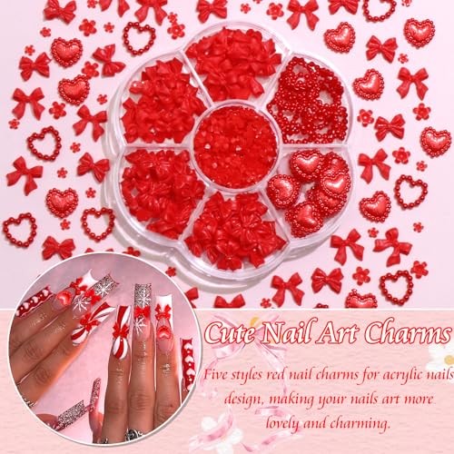 Heart Bow Nail Charms Valentine’s Day Charm for Acrylic Nails 3D Tiny Red