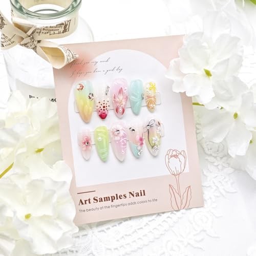 24 Pcs Flower Press on Nails Medium Almond French Tip Fake Nails Spring Nails-1