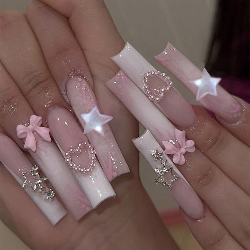 Wearable Fake Nails Bling 24Pcs Designs Medium Long Coffin Decor False Nails