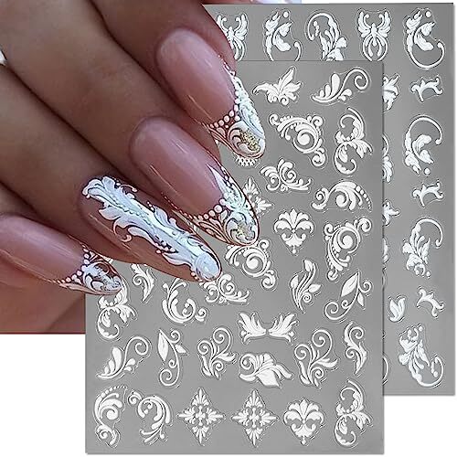 6 Sheets 5D Embossed Lace Flower Nail Stickers,Hollowed Out White Flowers