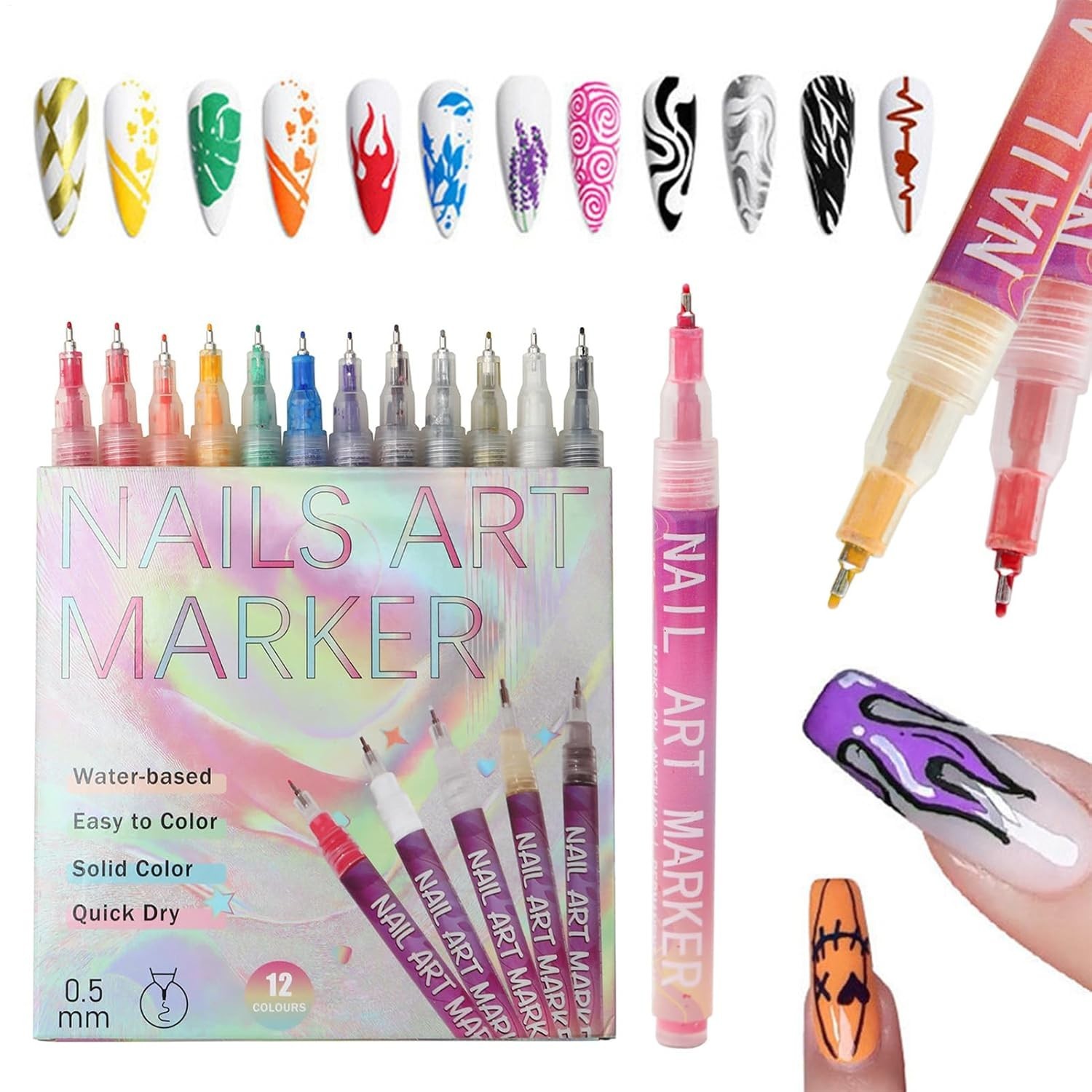 Nail Markers, Fingernail Pens with Dotting Tips, Art Marker for Women, 12 Colors