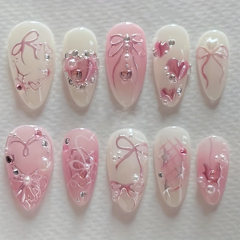 60Pcs-Pink Bow Heart Rhinestone Almond Press on Nails Pearl Star Glossy Fake Tip