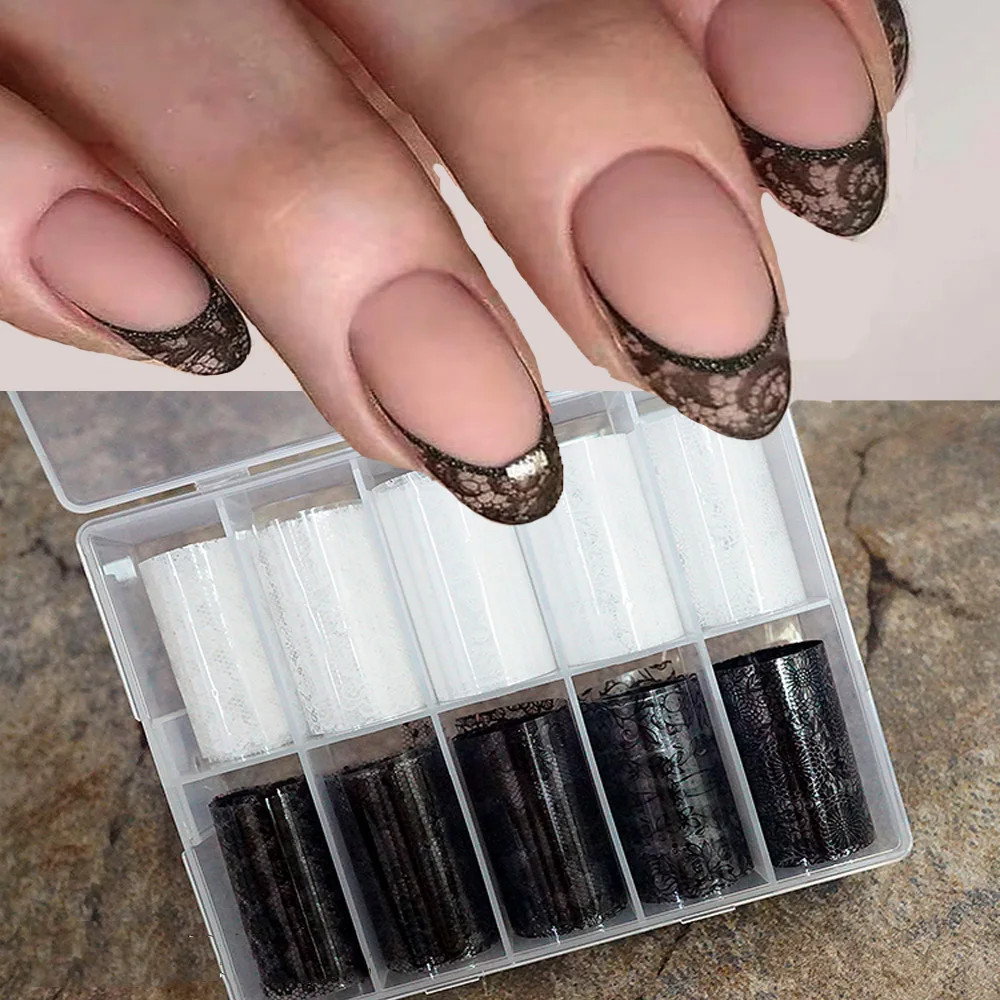 10 Rolls/Box New Black&White Lace Nail Transfer Stickers Sexy Lace Flower Full