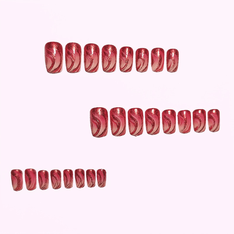 48Pcs Coffin Pink Glitter Press on Nails Swirl Wave Design Party Wear