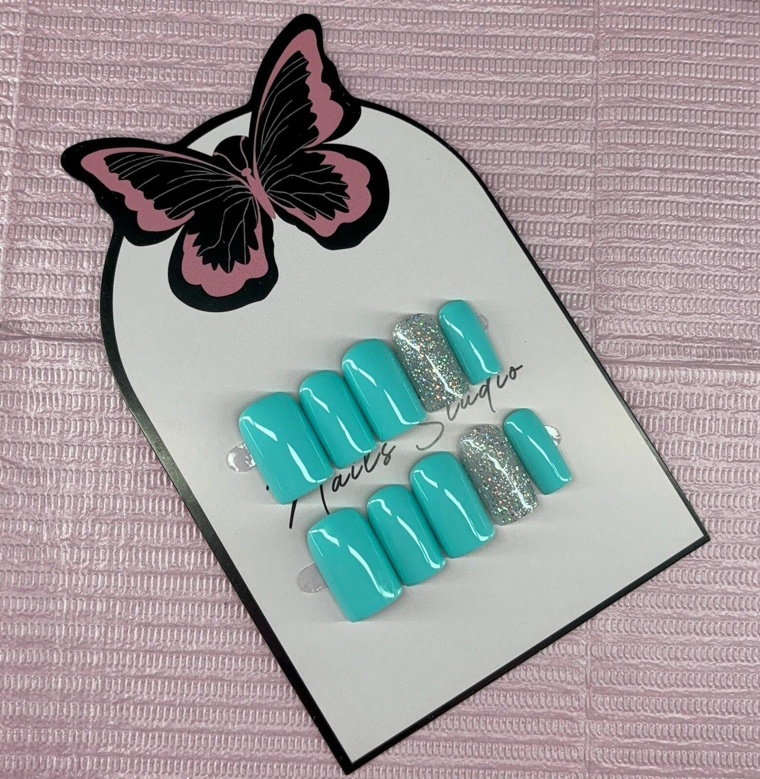 Short square Press on nails silver glitter teal light blue handmade custom gel