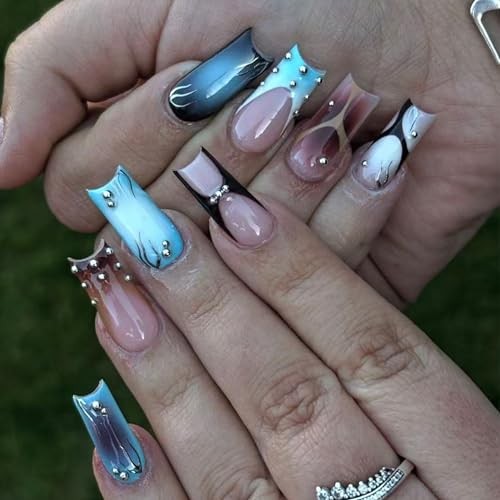 Medium Square Press on Nails, Gradient Blue Pink Acrylic Fake Nails Long 50