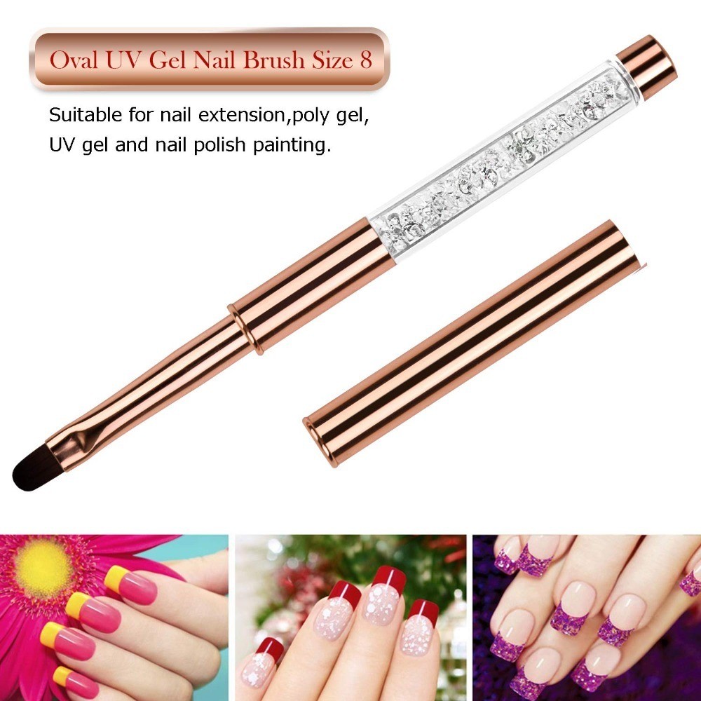 Professional Oval UV Gel Nail Art Brush Size 8 with Rhinestone Rose Gold Handle
