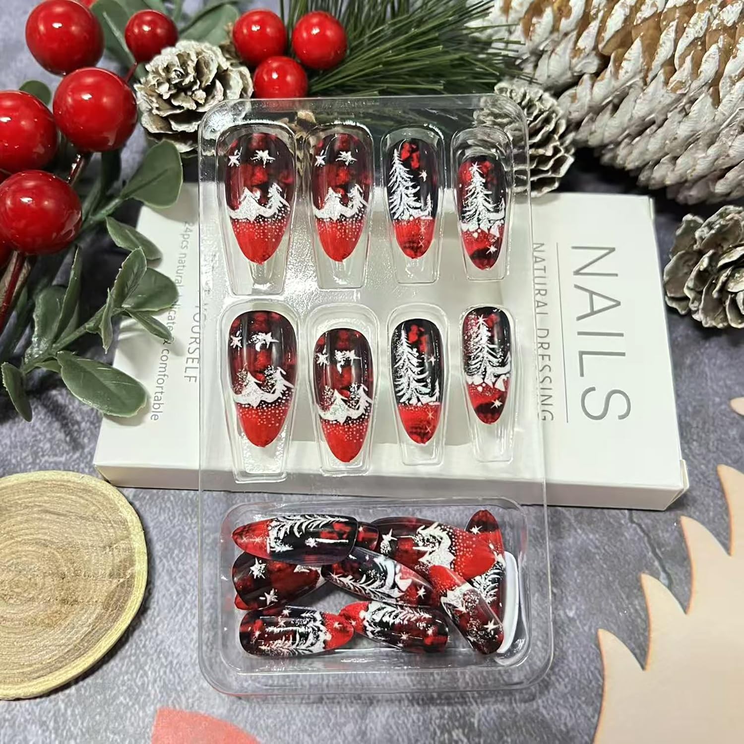 Christmas Press on Nails Medium Almond Fake Nails with Christmas Tree Designs…