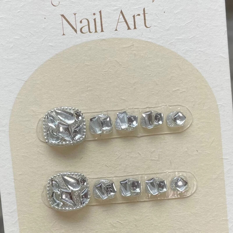 Handmade Toenail Silver Chain Full Diamond Press On Toe Nail Wearable False Nail