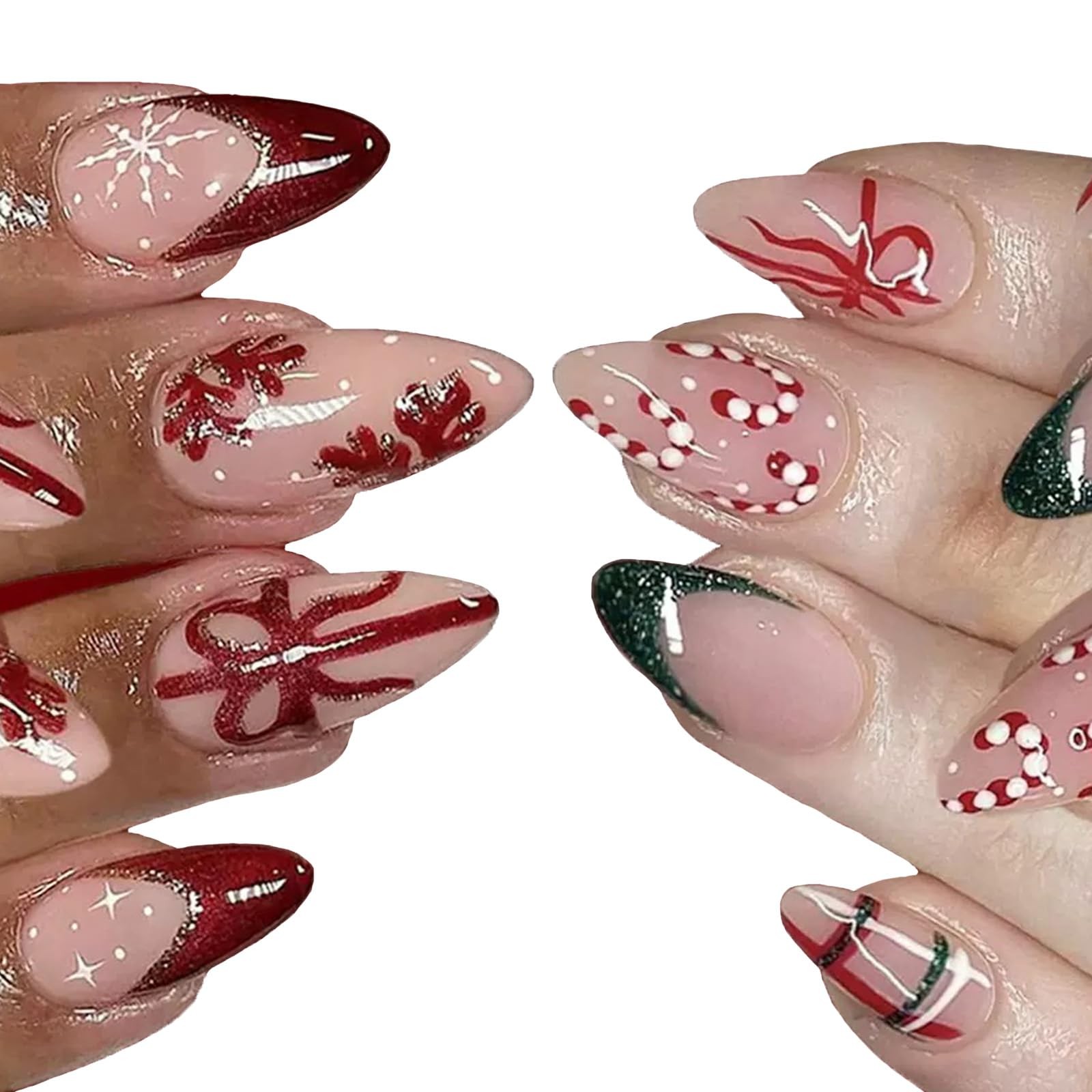 2 Packs 48Pcs Christmas Press on Nails Short Almond Fake Medium, Style 4