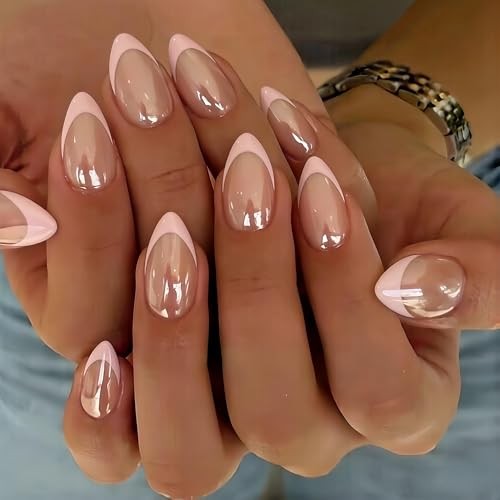 Almond Press On Nails – 30 Pcs – Glazed Baby French Pink – Chrome Tip
