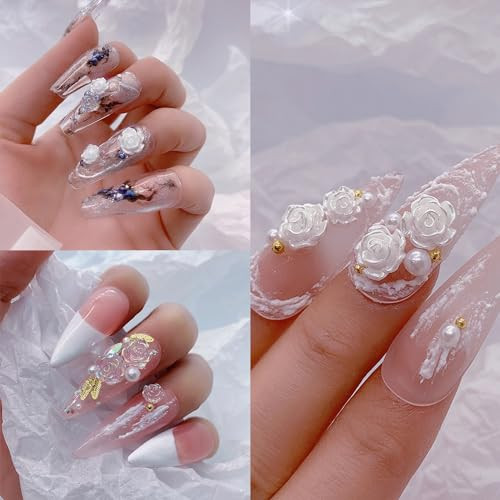 Flowers Nail Charms 3D Resin White & Aurora Clear Rose Designs Nail Art Charms