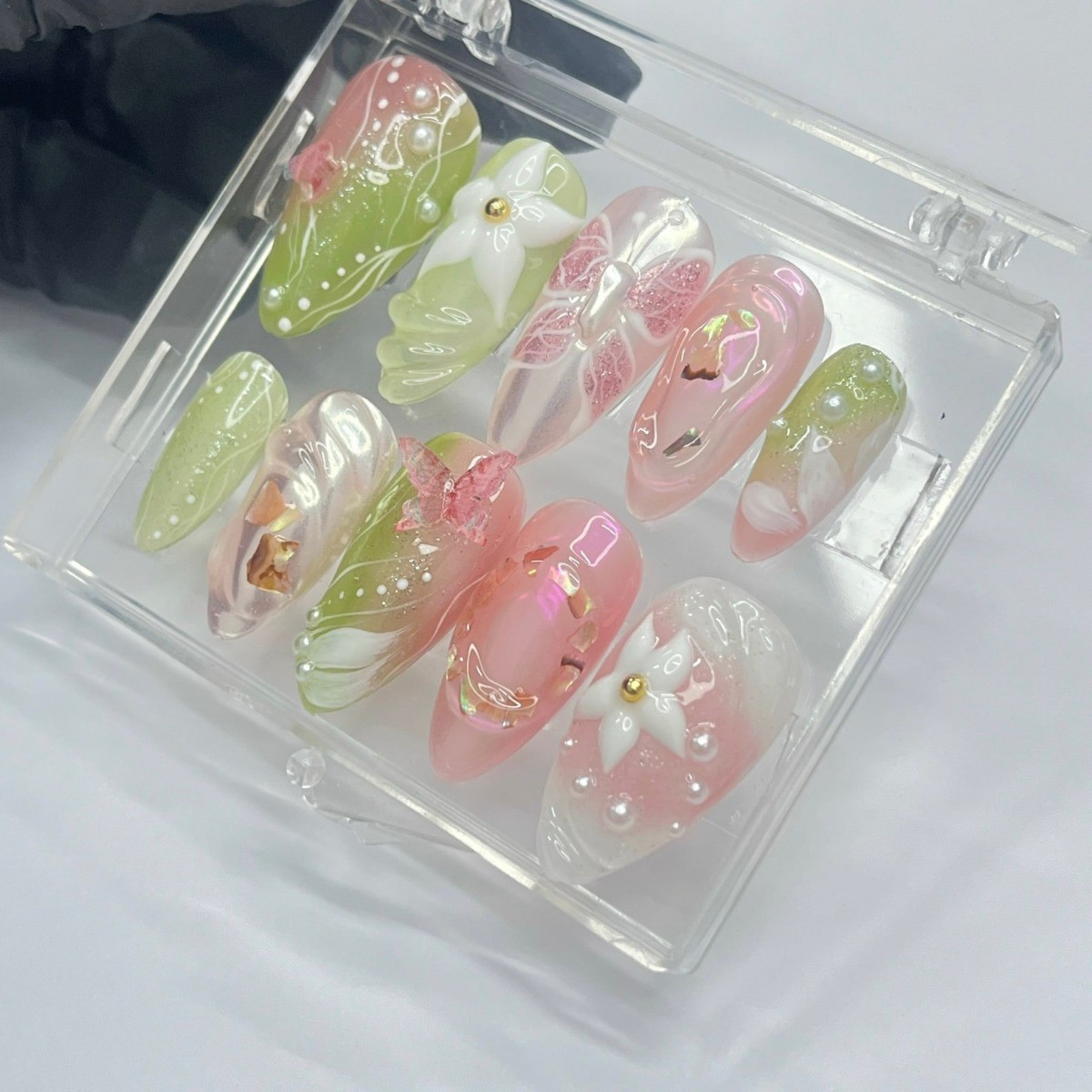Butterfly Floral Handmade Press on Nails Pearl Gradient Pastel Gloss Fake Nails