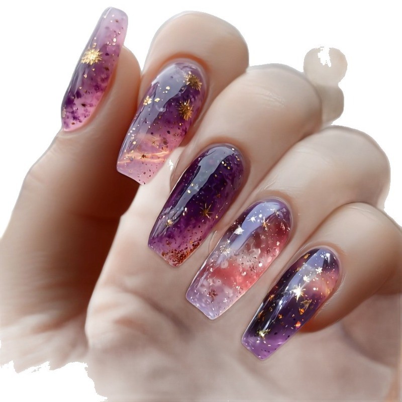 48pcs Galaxy Press on Nails Long Coffin with Purple Gradient Star Accents Nails