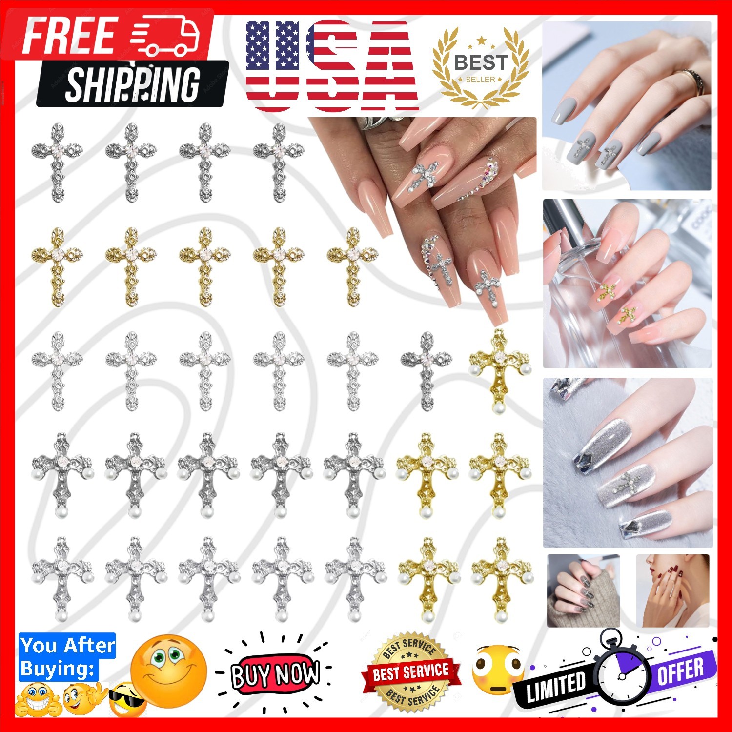 3D Cross Nail Charms, 30pcs Cross Nail Decorations for Nail Art Pearl Gems