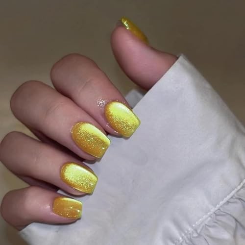 Cat Eye Press On Nails Short, 30 Pcs Glitter Gold Press On Nails yellow