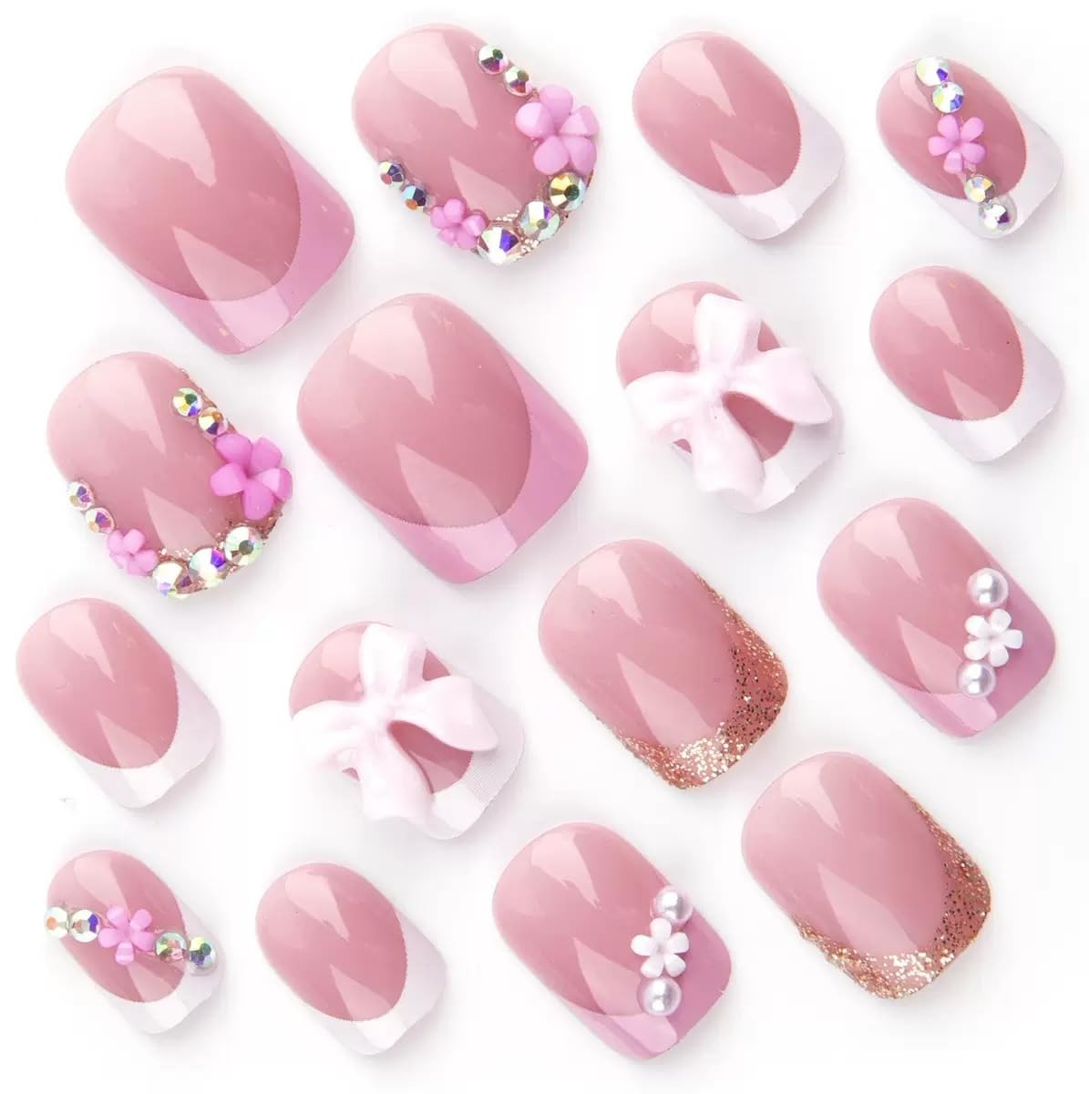 Press on Nails Square Fake Nails Short with 3D Bow Flower Charms Style22 Normal