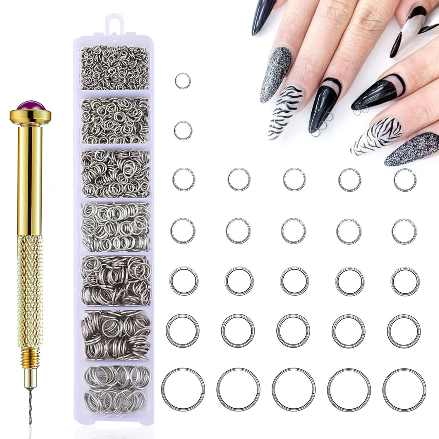 1070Pcs Nail Art Dangle Charm Piercing Tool Hand Drill Nail Piercing Charms Jump