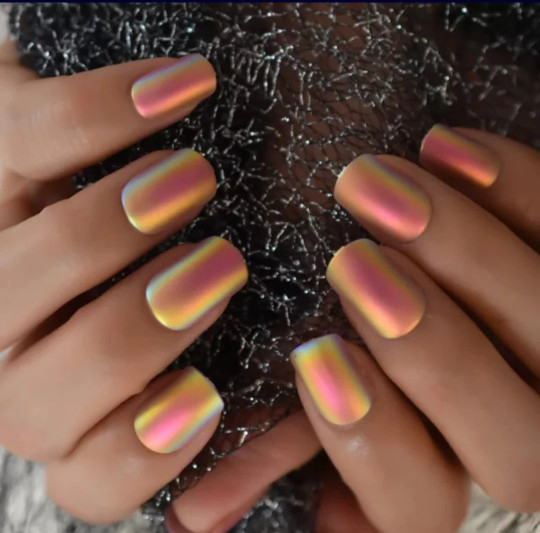 24 Desert Glow Short Matte Chrome Holographic iridescent Press on nails glue on