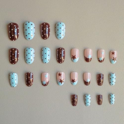 Brown Blue French Tip Press on Nails Short Almond Fake Polka Dot Star French 2